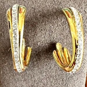 Nadri Gold tone Half Hoop w Twist Pave Crystal Rhinestone Earrings